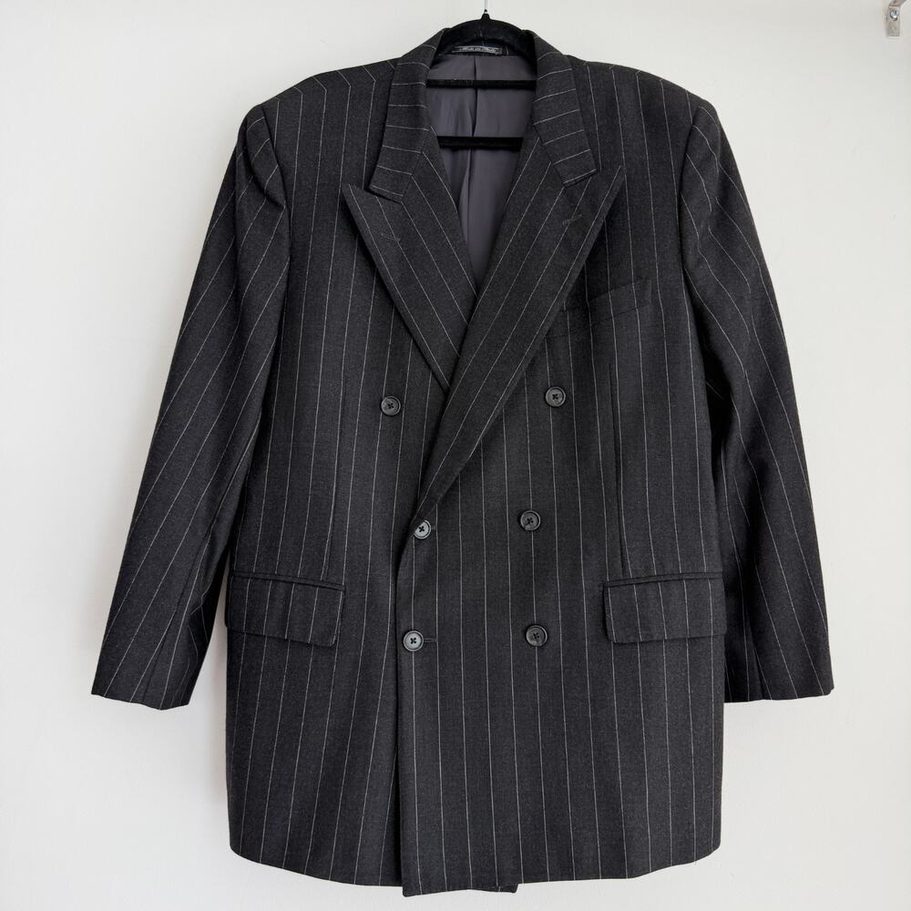 Corneliani Blazer Men 46 US Charcoal Double Breasted Chalk Stripe Mob Boss Italy